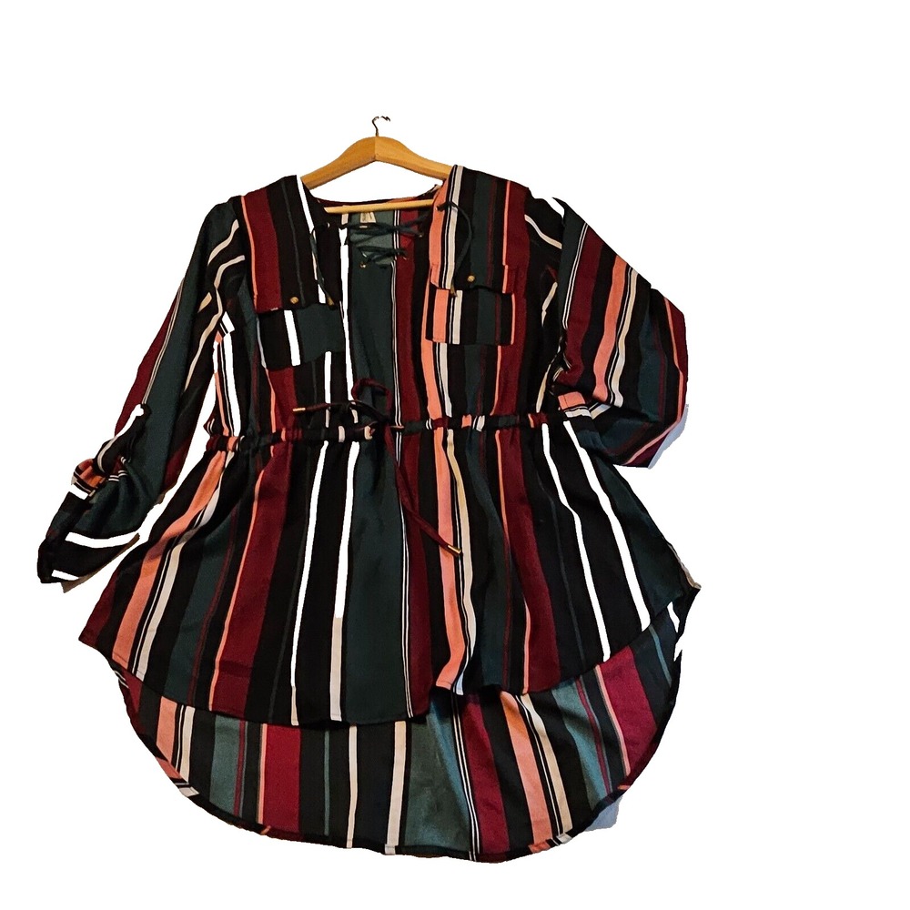 TRUTH NYC Womens 1X Striped Tunic Blouse Belted Waist Lace Up V-Neck Multicolor